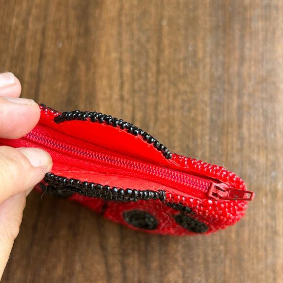 Lady Bug Vintage Glass Beaded Lined Zip Red Black Change Coin Purse - Picture 4 of 6